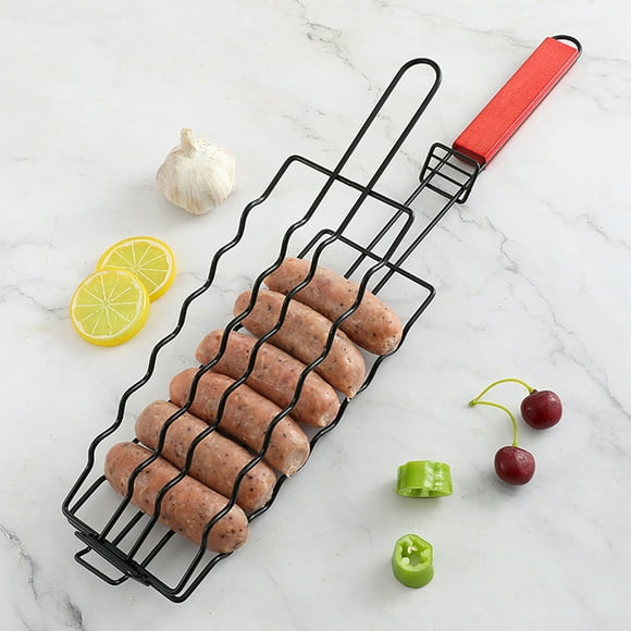 Sunjoy Tech Barbecue Cage with Wooden Handle Hollow Design Reusable Outdoor Camping Sausage Meat Vegetable Barbecue Net Rack