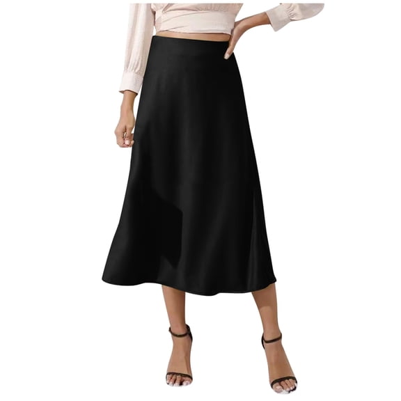 Landzoo Women'S Skirts Solid Color Elastic Waist Summer Breathable Women A-line Skirt Size L Black