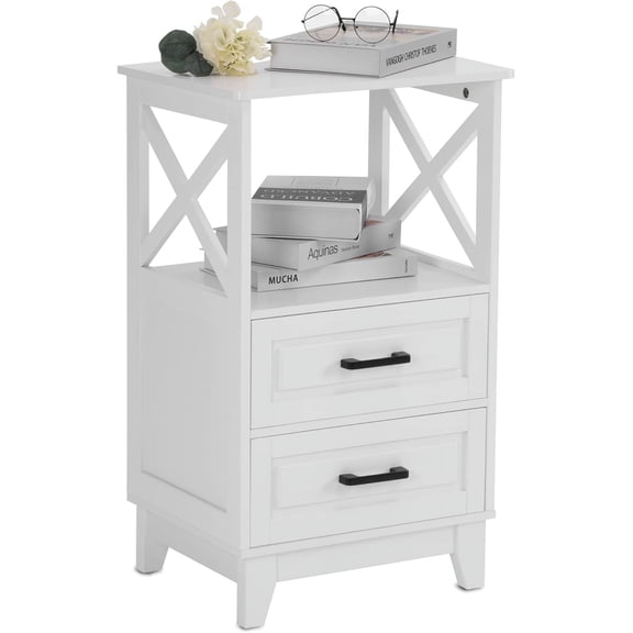 Nightstand with 2 Storage Drawers Cabinet, Tall End Table with Wooden X-Design for Bedroom,Living Room White