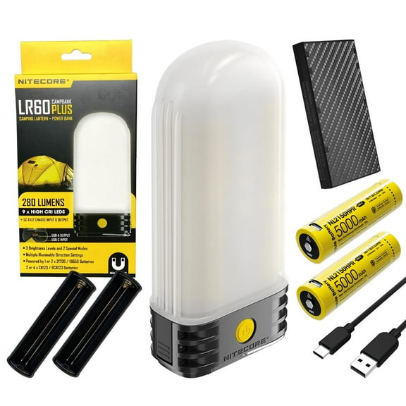 COMBO: NITECORE LR60 280 Lumen USB Rechargeable Pocket Camping Lantern w/ 2x NL2150HPR Batteries, NB5000 5,000mAh Powerbank and Eco-Sensa USB Cable