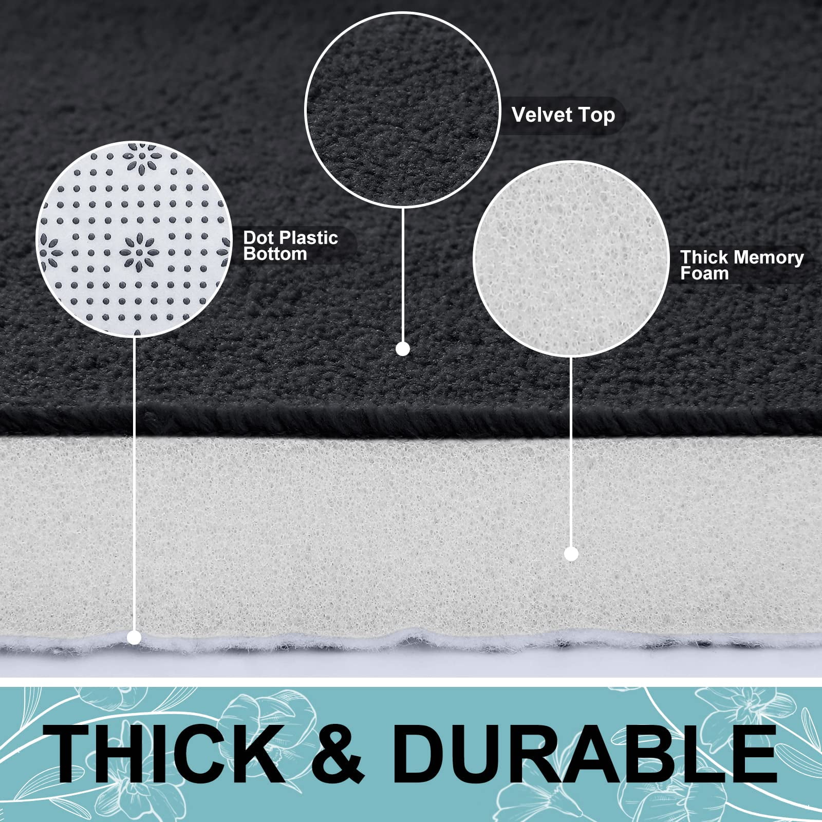 Buganda Memory Foam Bathroom Rugs, Absorbent Non-Slip Bath Mat for Bathroom, Soft Washable Bath Rug, 24"×47", Black