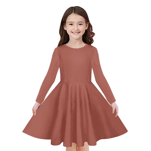 Odeerbi Niñas Manga Larga A-Vestido de Manga Larga Para Niñas Vestido Acampanado de Primavera Vestido Elástico de Colores Sólidos Vestido de Patinadora Twirly Vestido de Recital Escolar