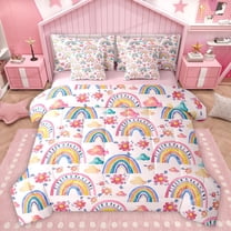 Homewish Cartoon Rainbow Twin Bedding Sets 7-Piece for Kids Child Girls,Cute Flowers Bedding Comforter Set Microfiber,Dreamy Princess Castle Breathable Sheet Sets,Breathable Home Decor,Reversible
