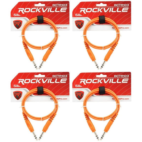 4 Rockville RCTR103O Orange 3' 1/4'' TRS to 1/4'' TRS Cable 100% Copper