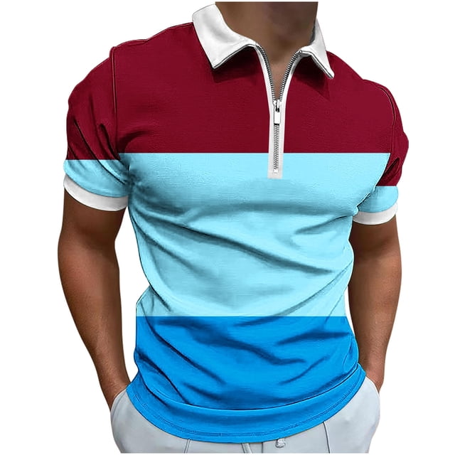 FAIWAD Mens Short Sleeve Shirts Zipper Striped Patchwork T-Shirt Basic Lapel Athletic Tennis Tops