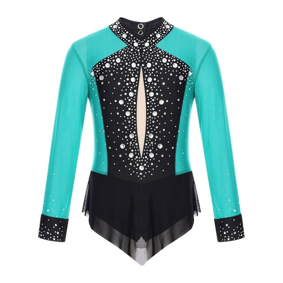 SiiRoh Girls Long Sleeve Gymnastics Leotard Sparkly Color Block Skirted Bodysuit for Dance Skating Blue Green 6
