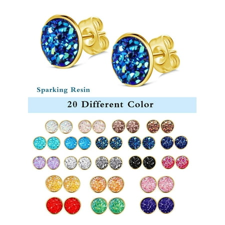 earrings druzy sensitive studs stud fits anti stainless round steel pairs 12mm 8mm golden