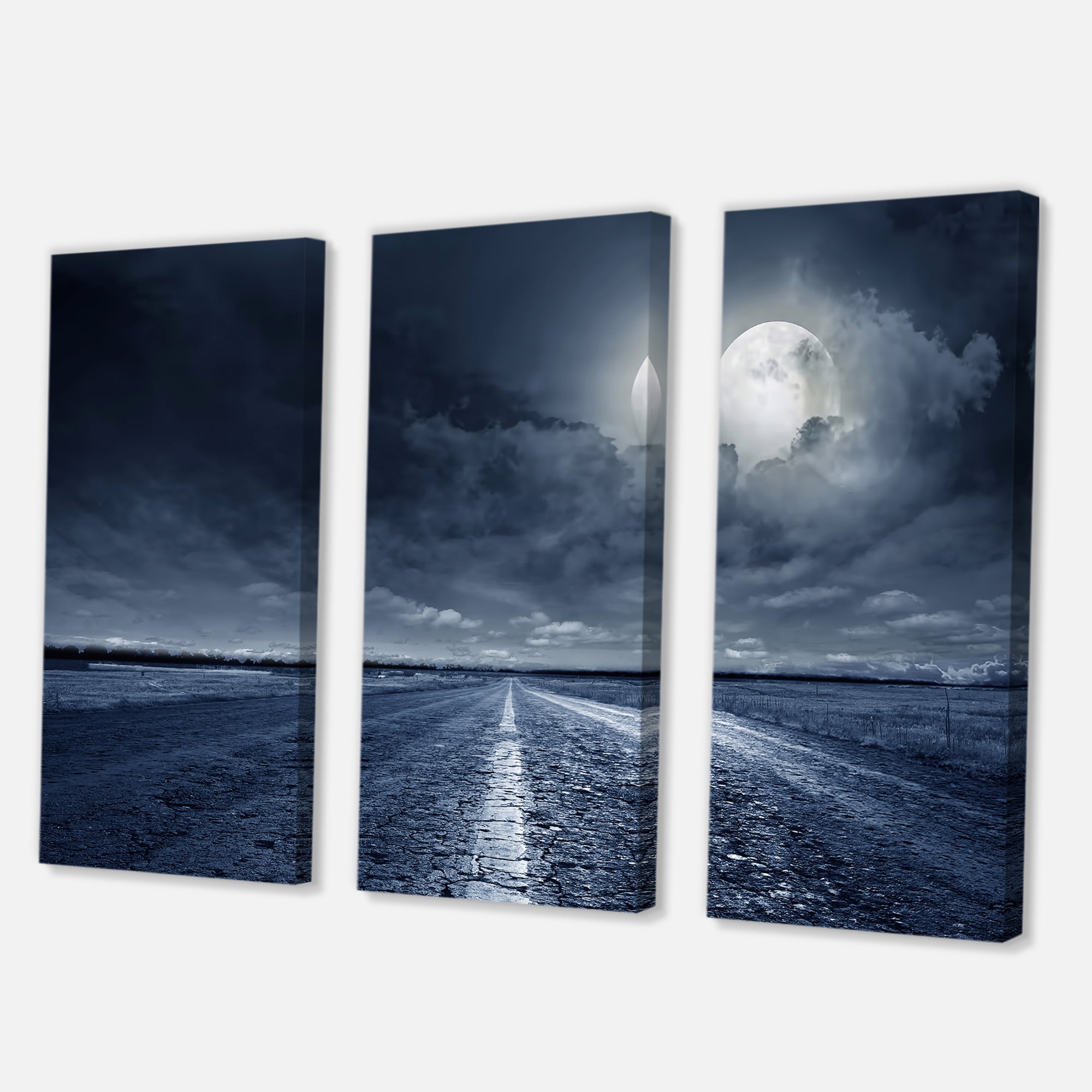 Designart ' Cloudy Full Moon Over Asphalt Road I ' Nautical & Coastal Canvas Wall Art Print