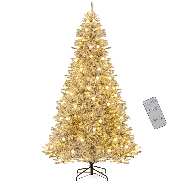 Costway 8 FT Snow-flocked Artificial Christmas Tree with 81 Sphere Lights 450 LED Lights