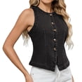 thumbnail image 2 of Chaleco Vaquero Elástico Sin Mangas para Mujer, con Botones y Cuello Redondo, Informal, Estilo Western para Verano. Negro y Gris L, 2 of 9