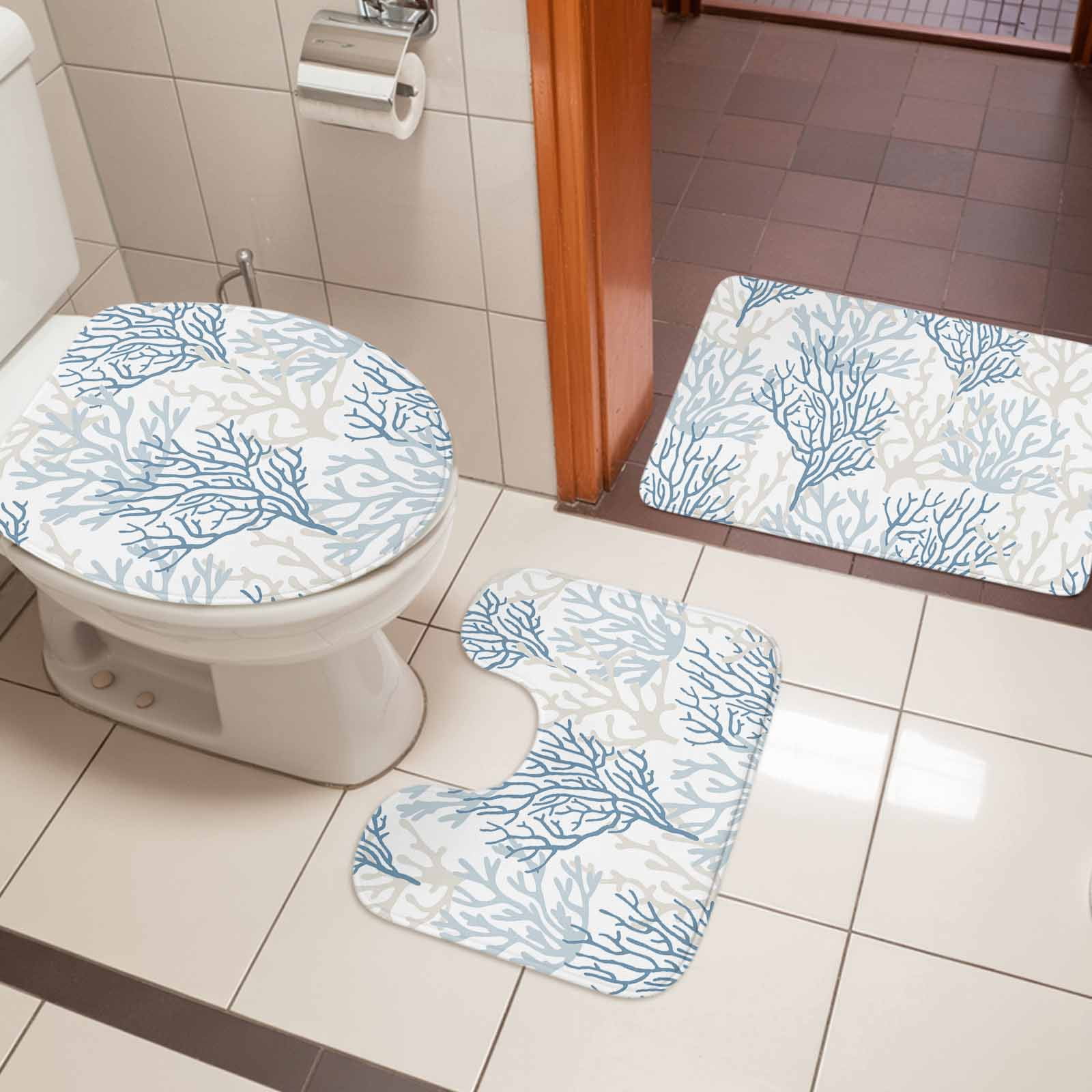 Blue Grey Coral Coastal Bath Mat 3 Piece Bathroom Rug Set, Summer Beach Seaside Nautical Non Slip Bath Rug Contour Mat and Toilet Lid Cover, Absorbent Shower Mats Soft Bath Rugs and Mats Sets