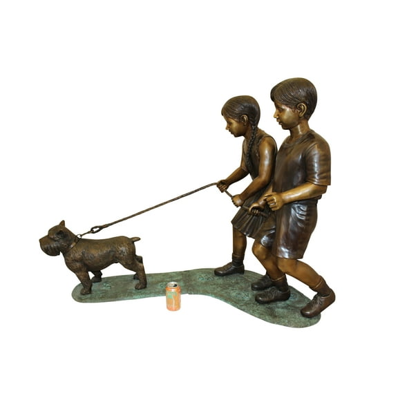 Two Kids Walking a dog Bronze Statue -  Size: 55"L x 28"W x 37"H.