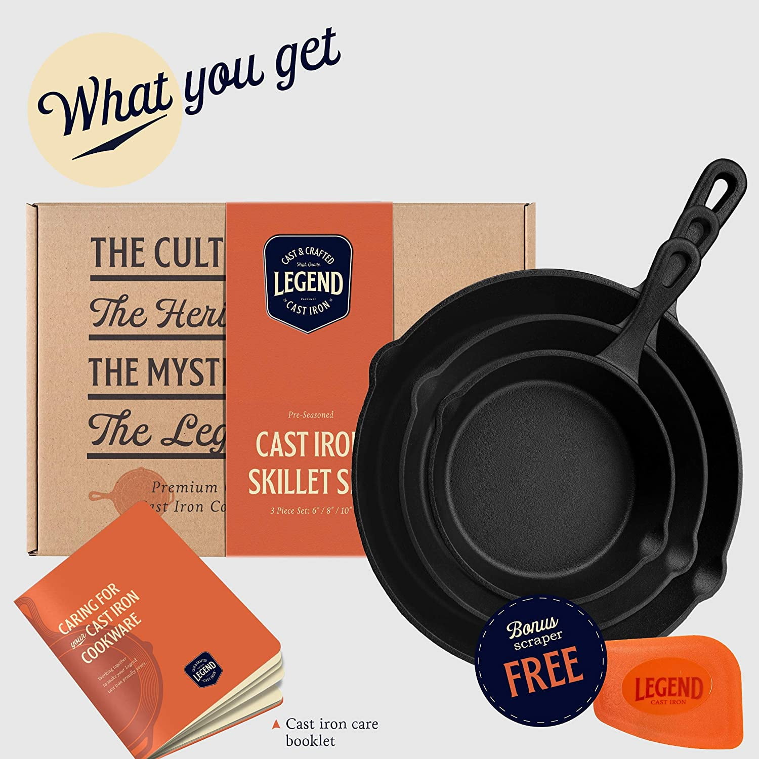 Cast Iron Skillet Trio with Long Handles