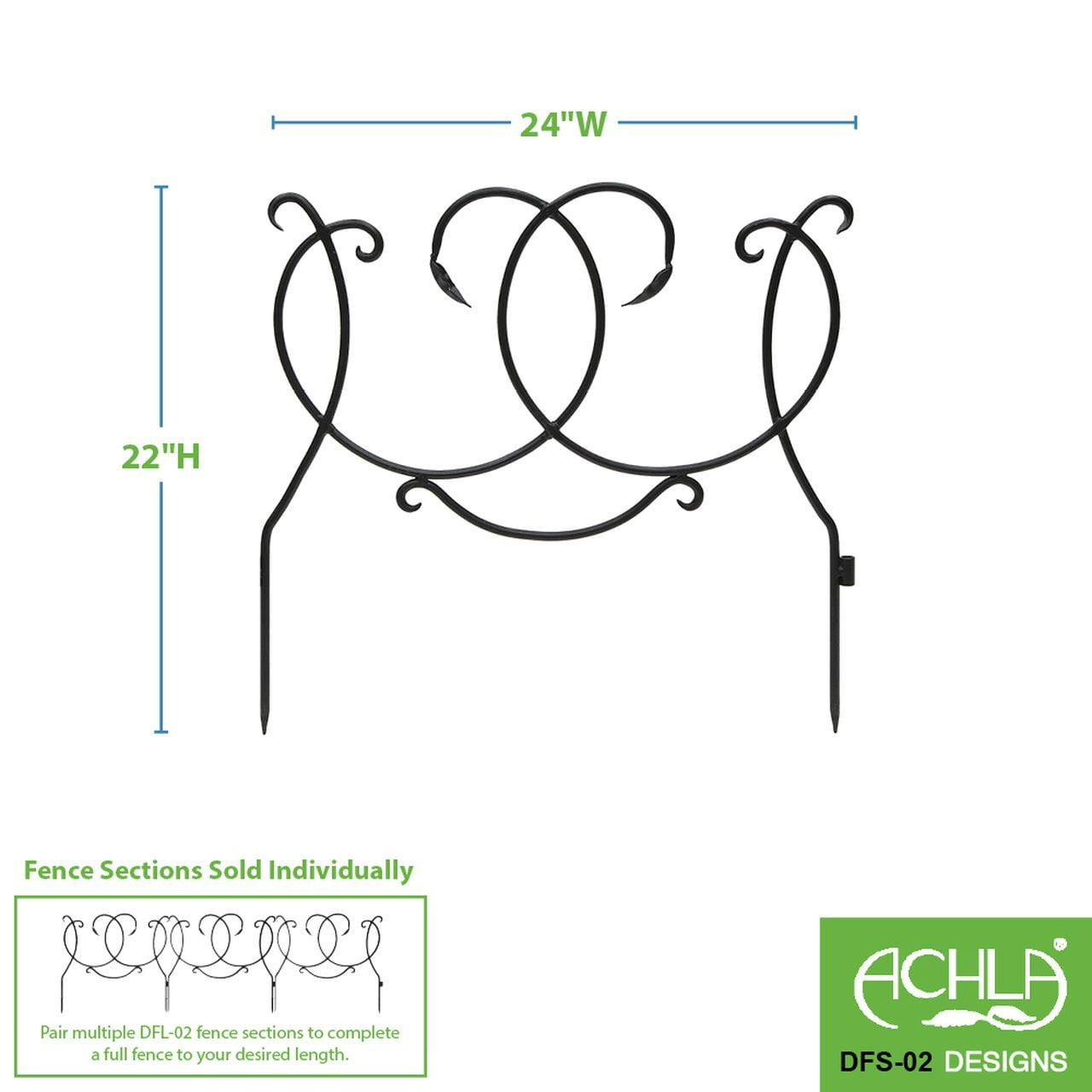 Achla Designs 24" W Black Wrought Iron Scroll Border Fence Section (Set of 4), Powder Coated Finish