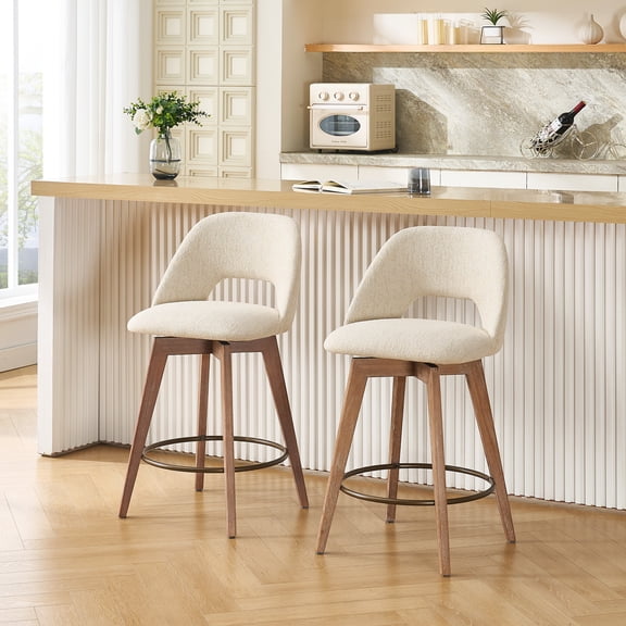 ONEVOG 26.8" Counter Height Swivel Bar Stools Set of 2, Mid-century Bar Chairs with Solid Wood Legs, Comfortable Linen Upholstered Bar Counter Stools for Kitchen Island, Beige