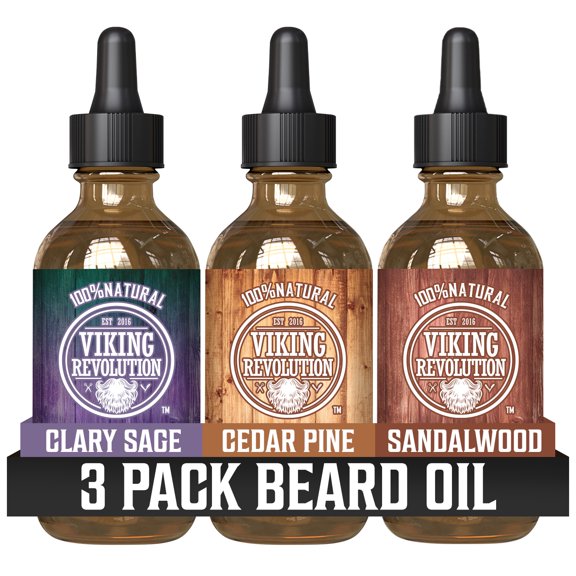 Viking Revolution - Beard Oil Conditioner - Natural Beard Oil - Variety Pack Mix Bay Rum, Unscented, Sandalwood, 3 Packs