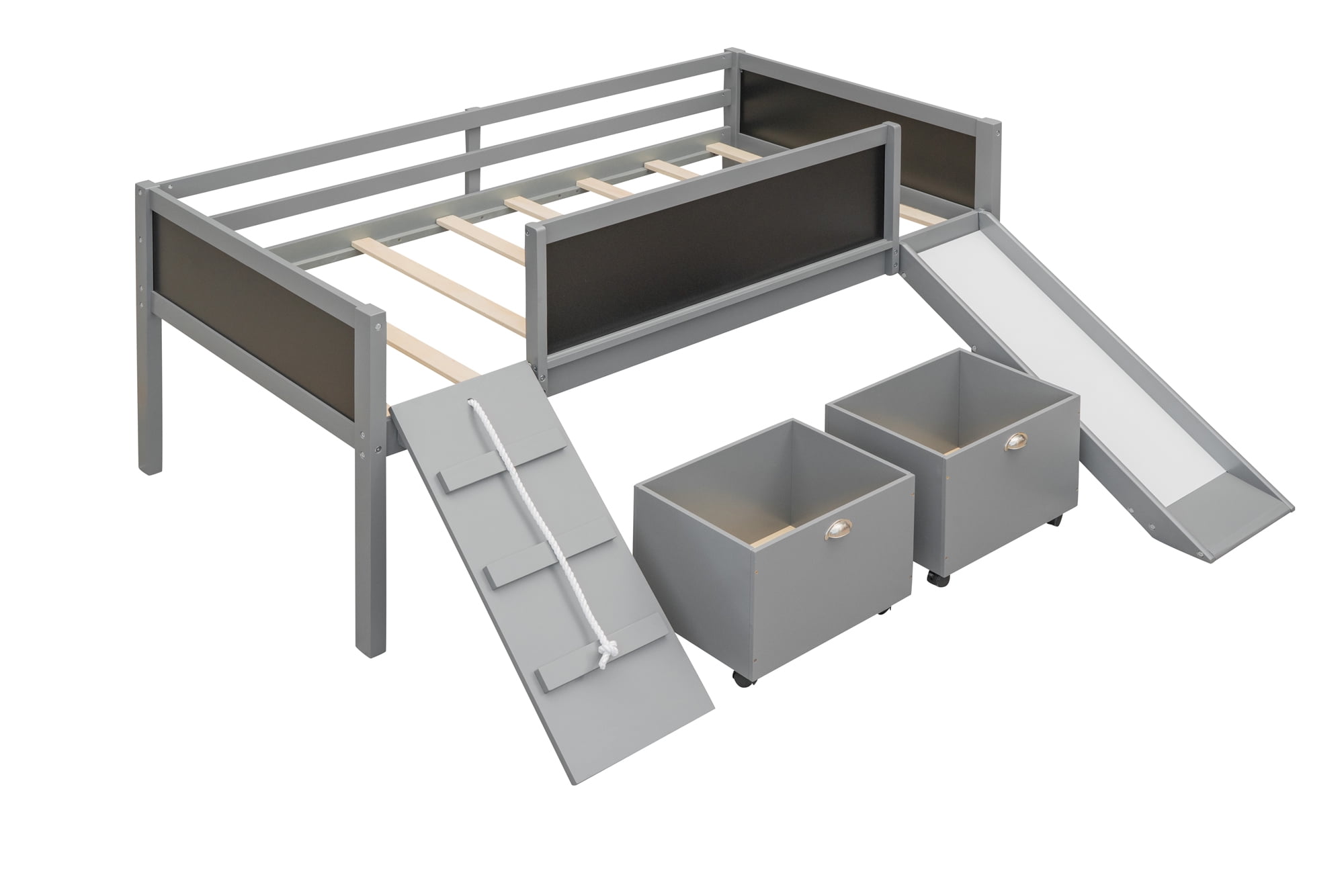 Aukfa Kids Low Loft Bed with Slide and Chalkboards, Twin Platform Bed with Storage Boxes - Gray