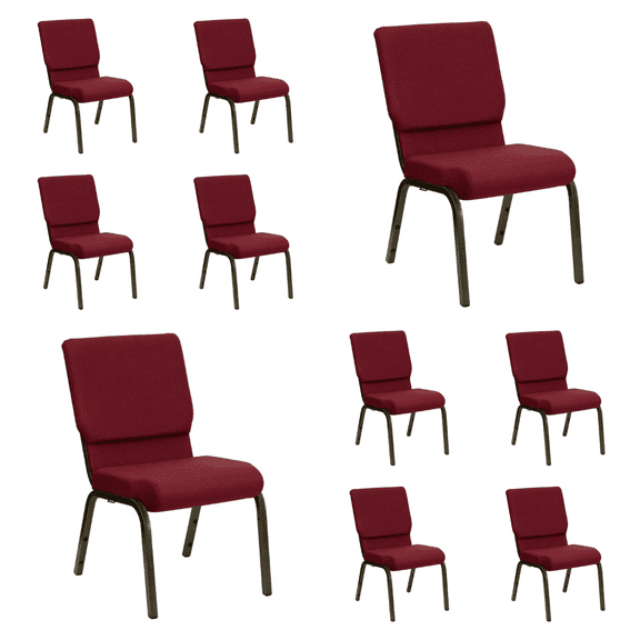 (10 PACK) 18.5'' Wide Burgundy Fabric Church Chair with Book Pouch and Gold Vein Frame - Multipurpose Stackable Office Side Chair