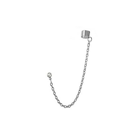 iJewelry2 Silver Tone Stainless Steel Link Chain Ear Cuff Earring with Round Cut Clear Crystal Stud