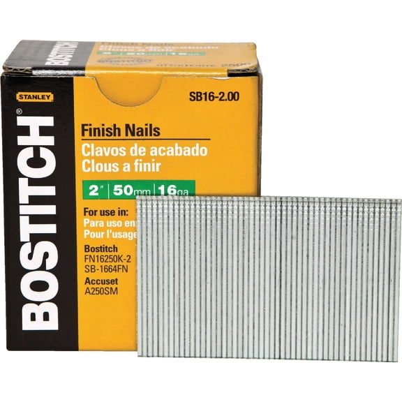 Bostitch, SB16-2.00, Straight Finish Nail, 16 ga, 2 in, PK2500 — Construction & DIY Use, Standard Hardware Spec