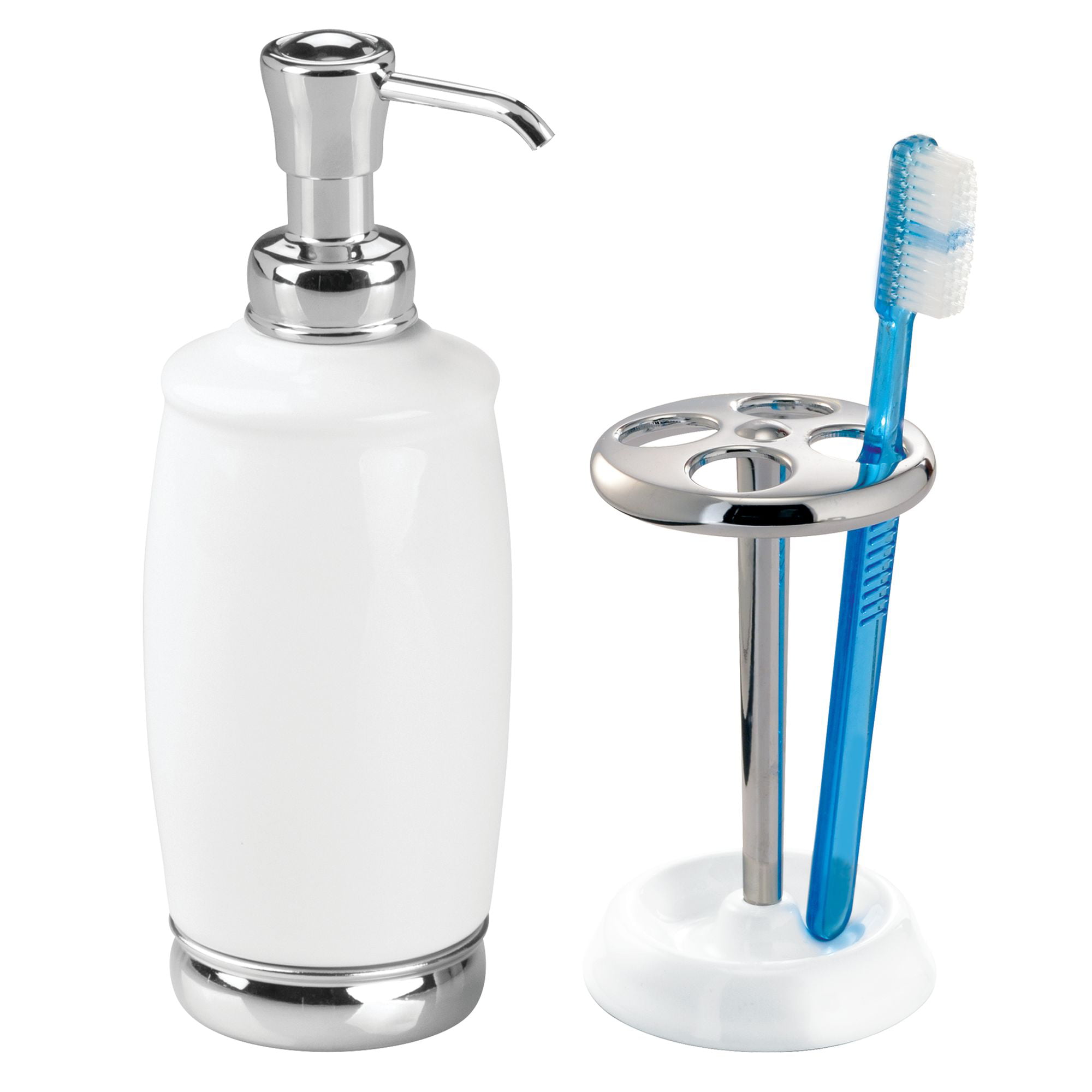 InterDesign White York Bathroom Set Toothbrush Holder Tumbler & Soap Dispenser 