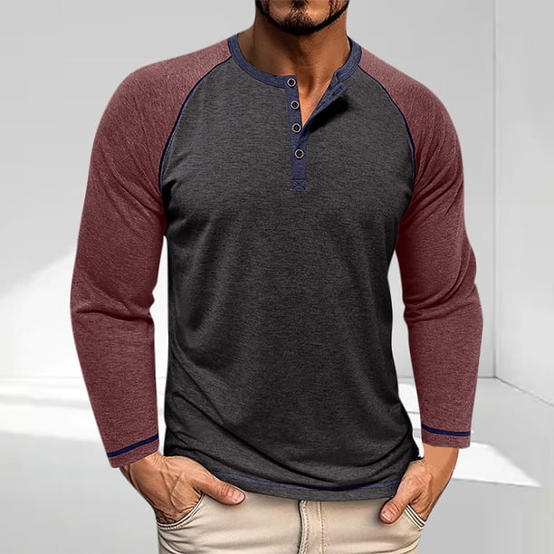 Blusas y camisas de manga larga con cuello redondo para hombre, informales, de manga larga, cuello redondo, medio botón, a cuadros, con bolsillos y bloques de color, blusas de poliéster para hombre