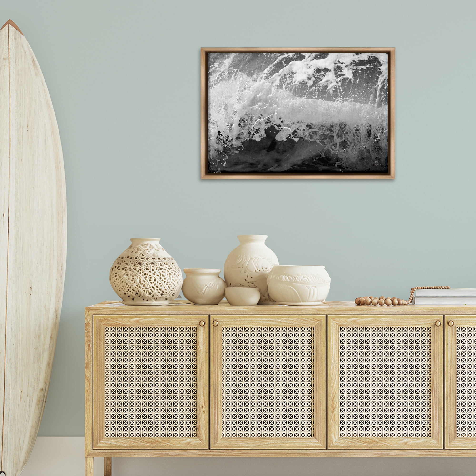 Stupell Industries Pacific Ocean Splash Landscape Photography Brown Floater Framed Canvas Art Print Wall Art, 31 x 21