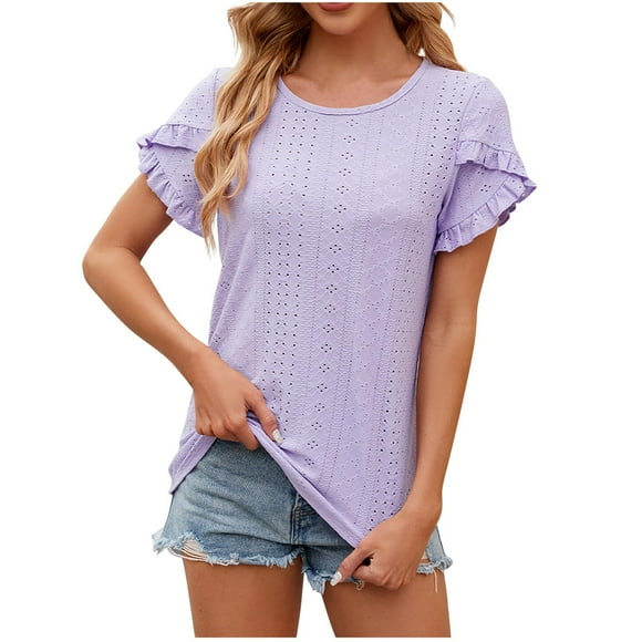 AherBiu Womens T Shirts Crew Neck Ruffled Short Sleeve Basic Solid Tees Summer Casual Stretchy Comfy Tshirts Blouses