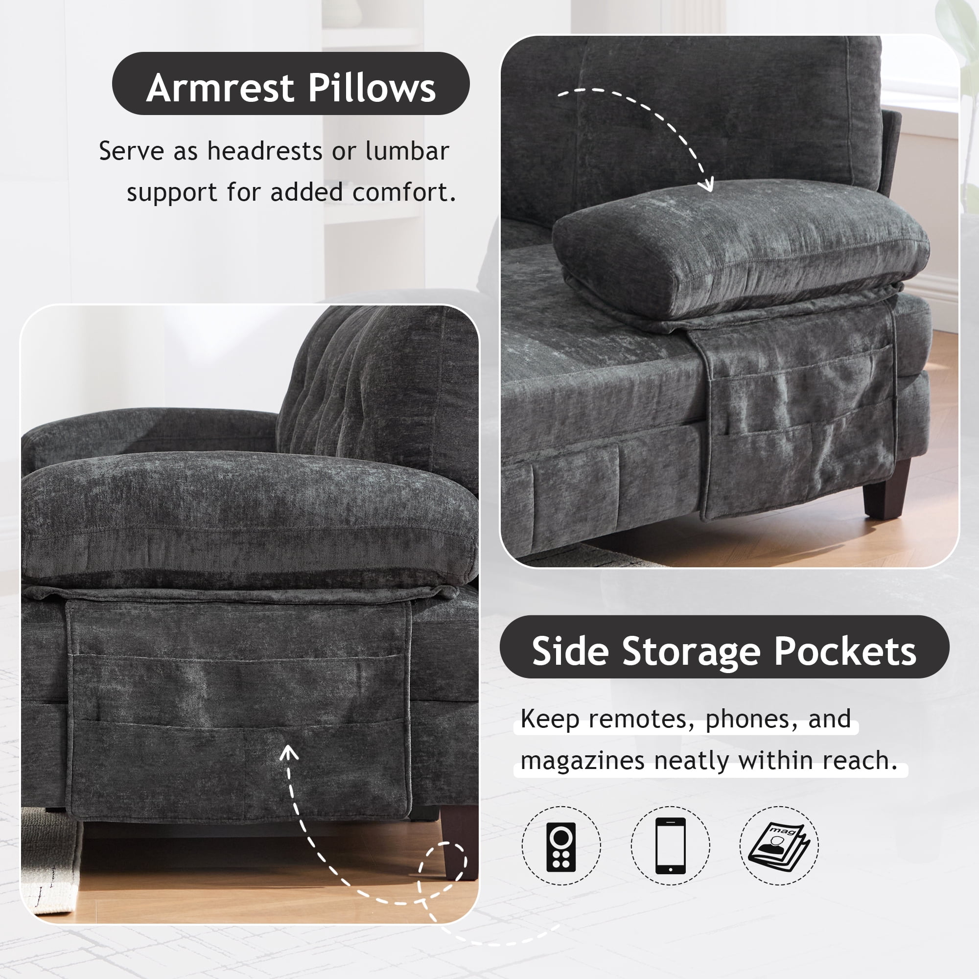 Leumius U Shaped Sectional Sofa, 103.5" Chenille Fabric Couch with Double Chaise Lounges, U Shaped Couch for Living Room, Black