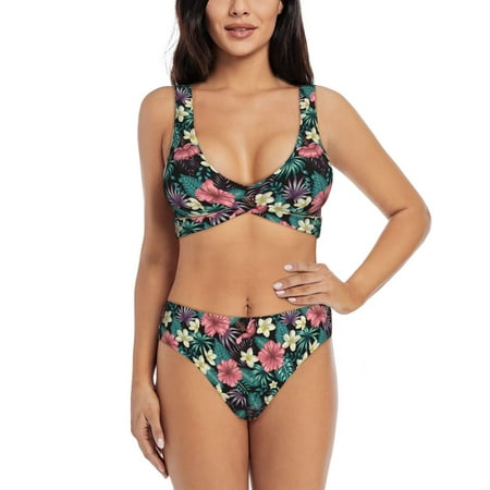 Zeuib Green Tropical Leaves High Waisted Tummy Control Bikini Set - Knot Front Push Up Top & Cheeky Thong Bottom  Two-Piece Swimsuit for Women-Medium