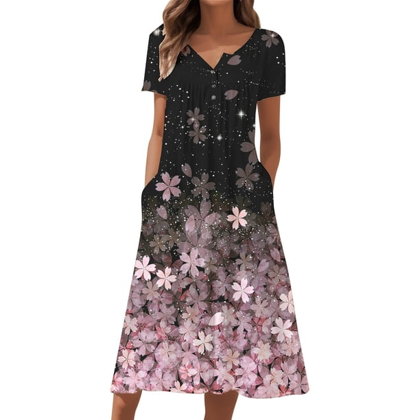 Gibobby Vestidos Casuales para Mujer Vestido holgado de cuello redondo con estampado floral de manga corta informal de verano para mujer Mini vestidos d(Rosa,CH)
