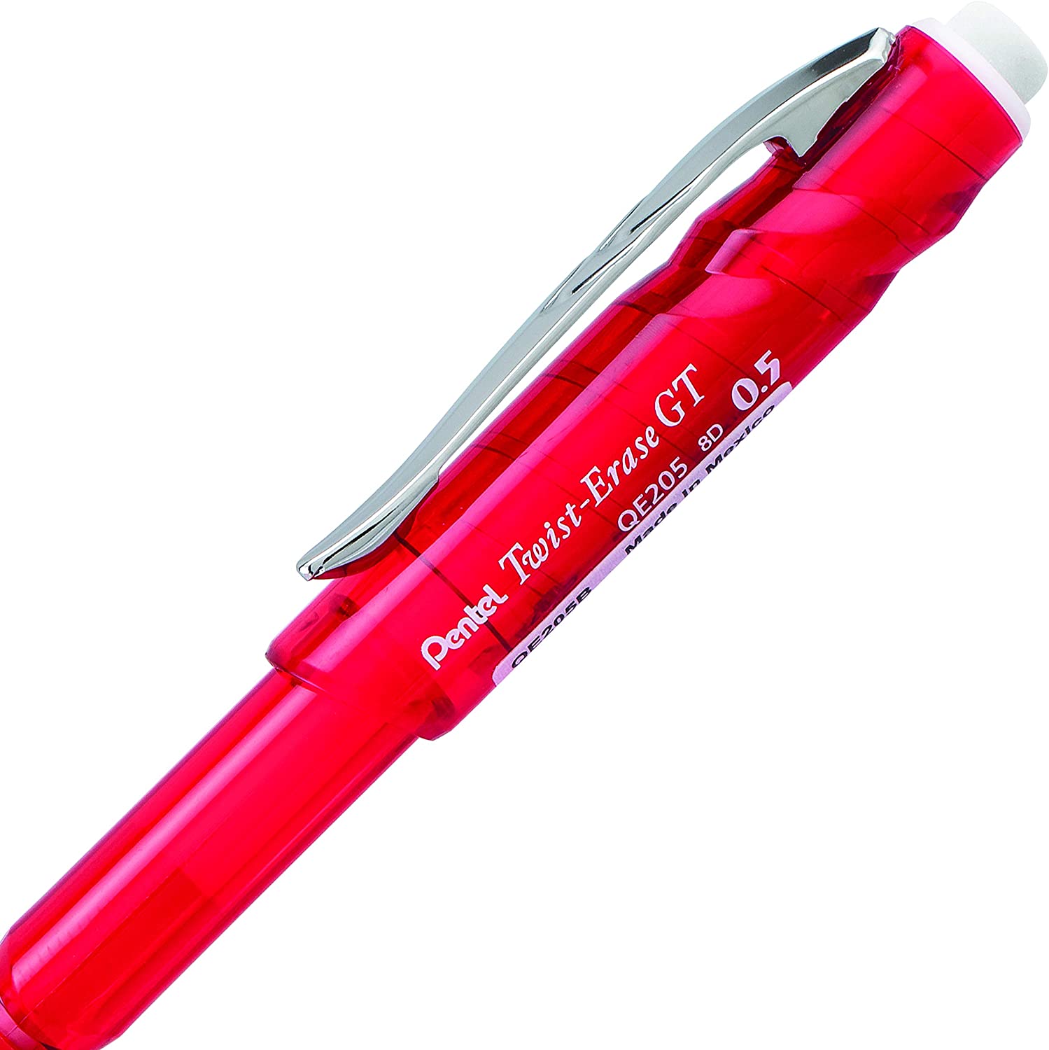 Pentel Twist-Erase GT, 0.5mm, Mechanical Pencil Transparent Burgundy barrel, Box of 12 (QE205B)
