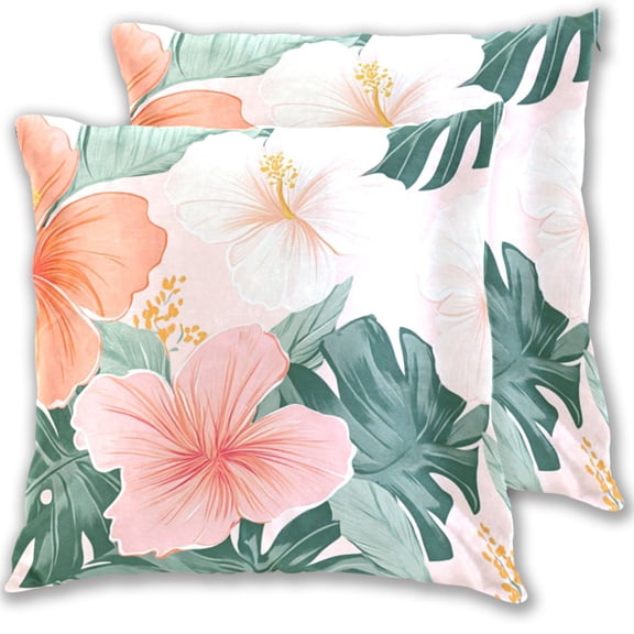 Colorful Hibiscus Florals Palm Leaves Hawaii Throw Pillow Covers Pillowcases 16 x 16 Inch Home Decor 2 Packs for Bedroom Sofa
