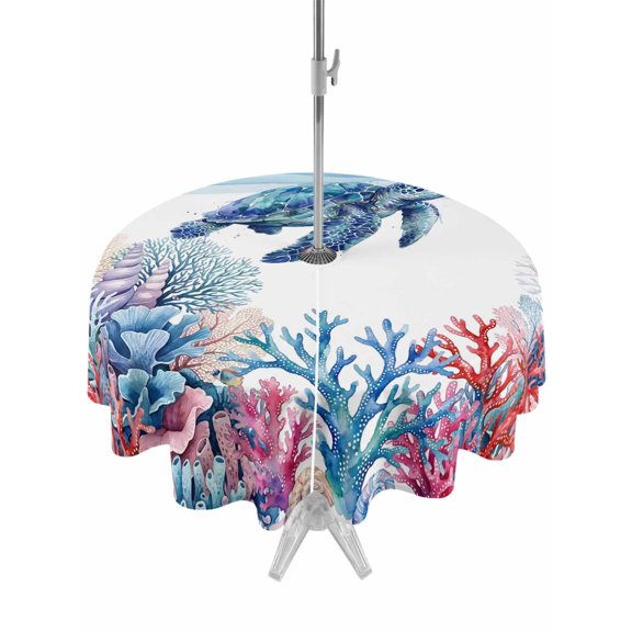 Outdoor Tablecloth with Umbrella Hole for Patio/Picnic/Party/Camping, Nautical Coastal Waterproof Table Cloth Round Cover Washable, Ocean Underwater Turtle Coral Plants Waves (Dia 54")