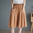 thumbnail image 2 of Women's Soft Fabric Mid Elastic Waist Capris with Pockets, Straight Leg Cropped Pants, Casual Comfortable Summer Beach Workout Pants | VerBelle,Khaki L, 2 of 7