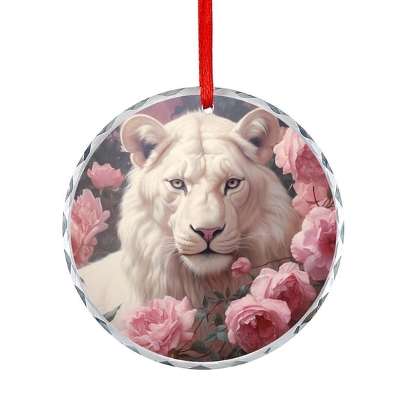 White Lion And Pink Roses Crystal Glass Christmas Ornament Holiday Home Decor Lion Rose Floral Christmas Ornaments Crystal Hanging