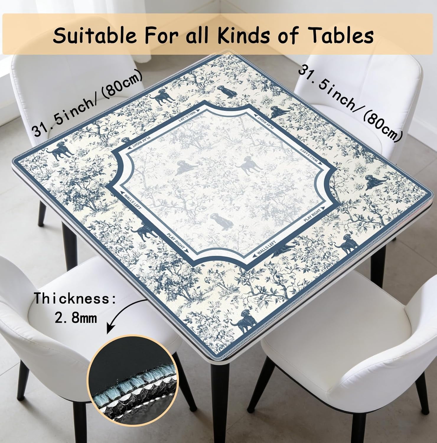 Blue Chinoiserie Labrador Mahjong Mat 31.5 x 31.5 Inch, French Country Toile Black Lab Non-Slip Noise Reduction Mahjong Table Mat for American Mah Jong Poker Card Board Games Dominoes