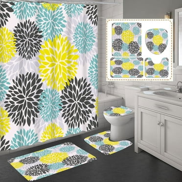 Bathroom Sets with Shower Curtain and Rugs Accessories with Non-Slip Rugs Toilet Lid Cover and Bath Mat Decor for Bathroom,Green Geometric Chrysanthemum