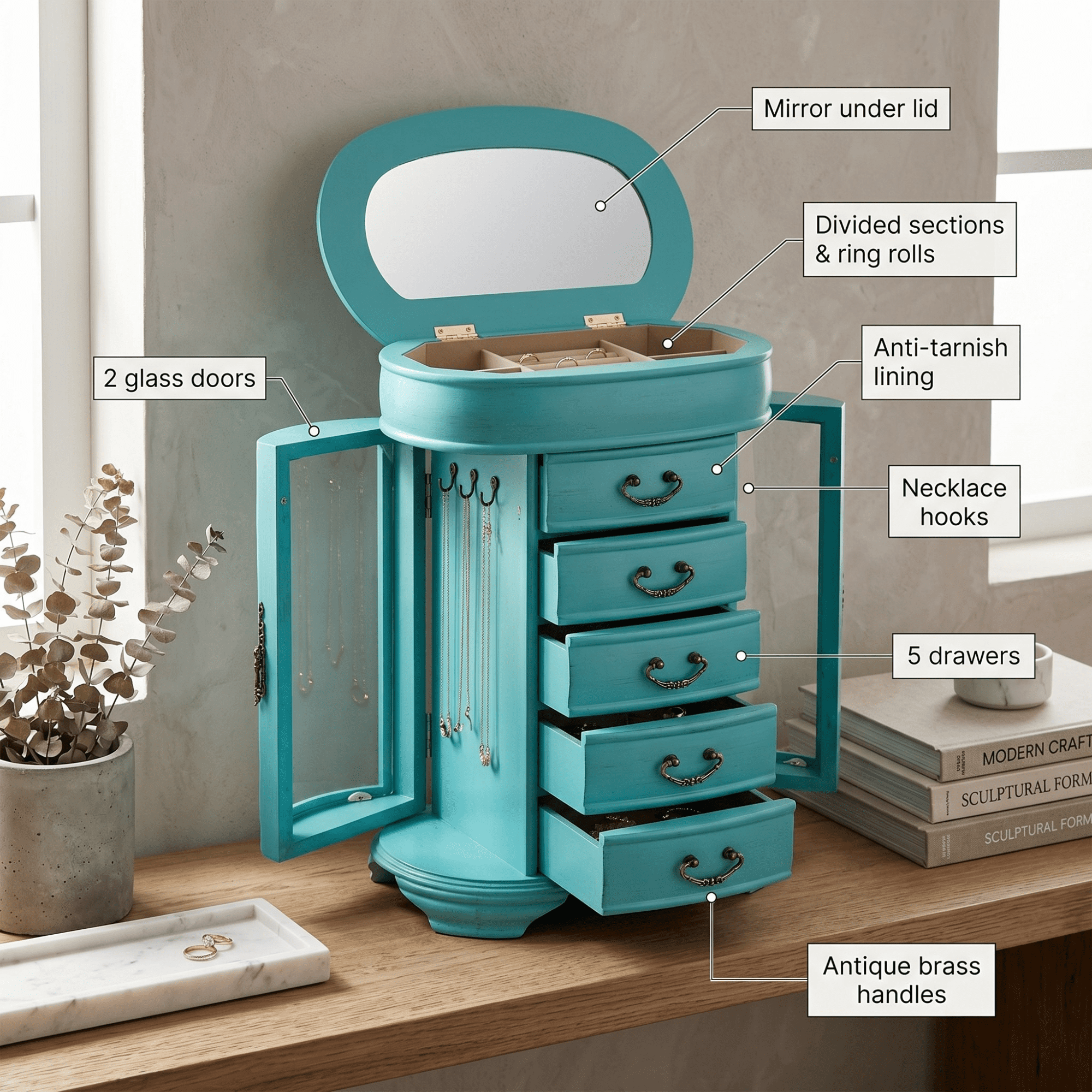 Hives and Honey Daphne Oval Wooden Jewelry Organizer Chest with Vanity Mirror and Glass Doors for Women in Antiqued Turquoise Finish