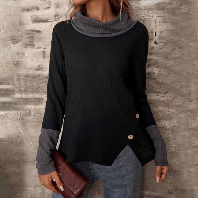 EGNMCR Chandail Col Roulé Mode Femme Contrastant Tricoté Décontracté Col Haut Automne Chandail Haut Femme Blouse Polyester