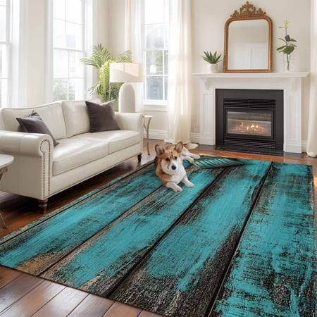 Teal Brown Wood Area Rug 5x8 FT, Non Slip Bedroom Throw Carpet, Vintage Chic Shabby Plank Washable Soft Floor Carpet Non-Shedding Rug for Living Room Nursery Dorm Office