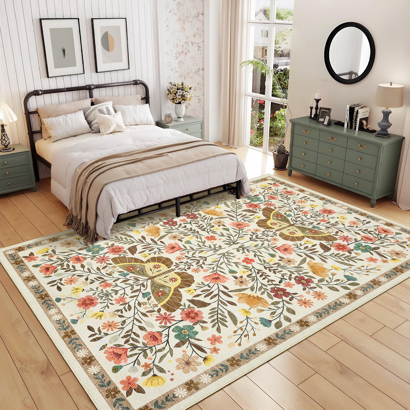 HOMERRY Floral Beige Rug for Living Room 9x12 Washable Butterfly Pattern Bedroom Indoor Modern Carpet