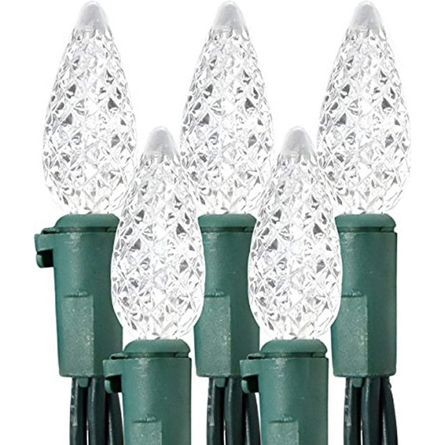 Led Christmas Lights 60 Faceted LED String Lights Set C6 Green Wire Indoor and Outdoor Decoration, Patio and Christmas Tree Energy Efficient LED Bulbs, UL Listed Cool White by HTOOQ Cool White