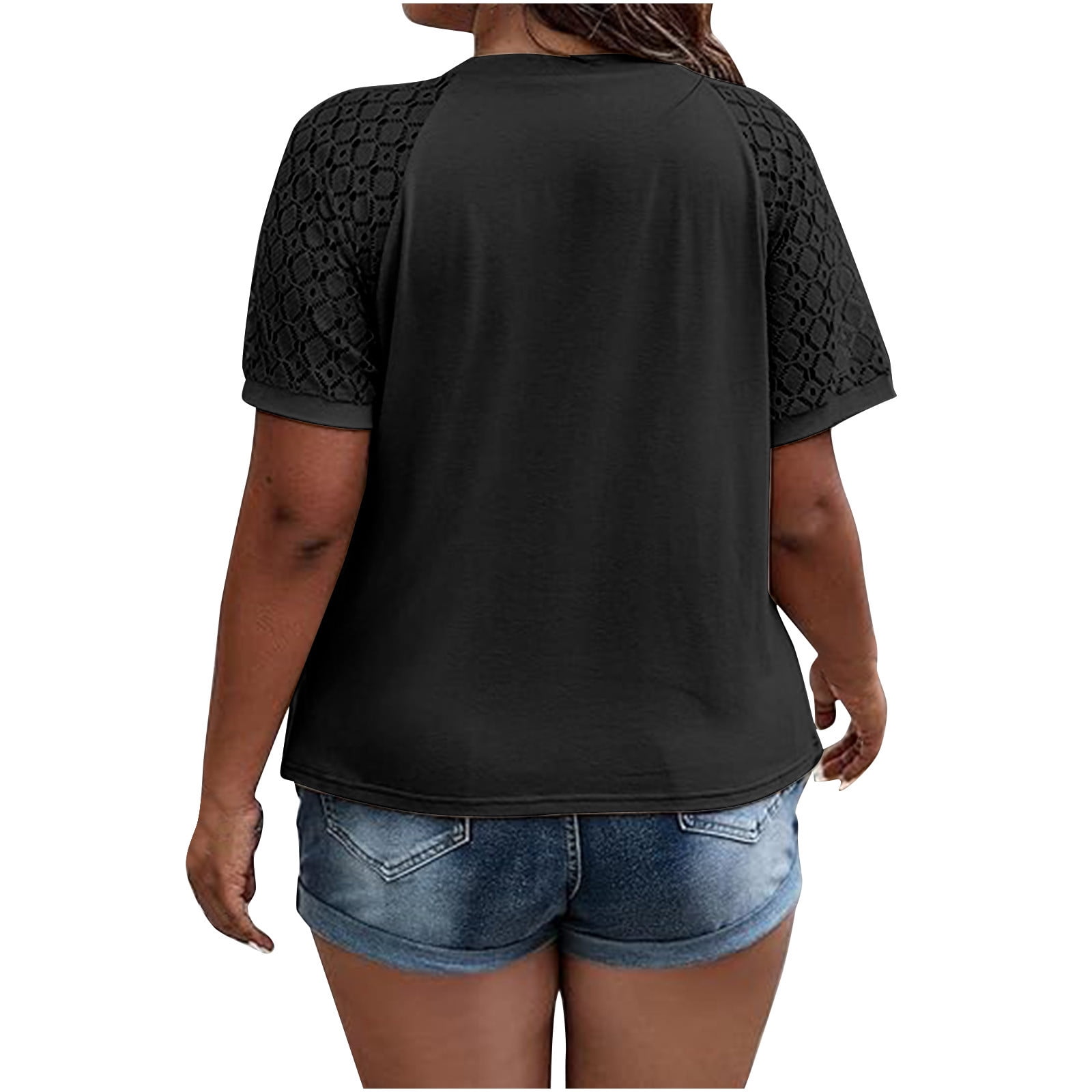 ATOYSOY Women's Lace Crochet Splicing Pleated Tees Plus Size Raglan Tops Loose Tunic Round Neck Pullover Short Sleeve T Shirts Trendy Causal Workout for Girls Black