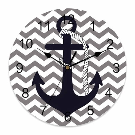 Wall Clock 14 inch Nautical Anchor Battery Operated Clocks Silent Non-Ticking Wallclock Grey Stripe Waves Round Decorative Wall Clocks for Home Office School