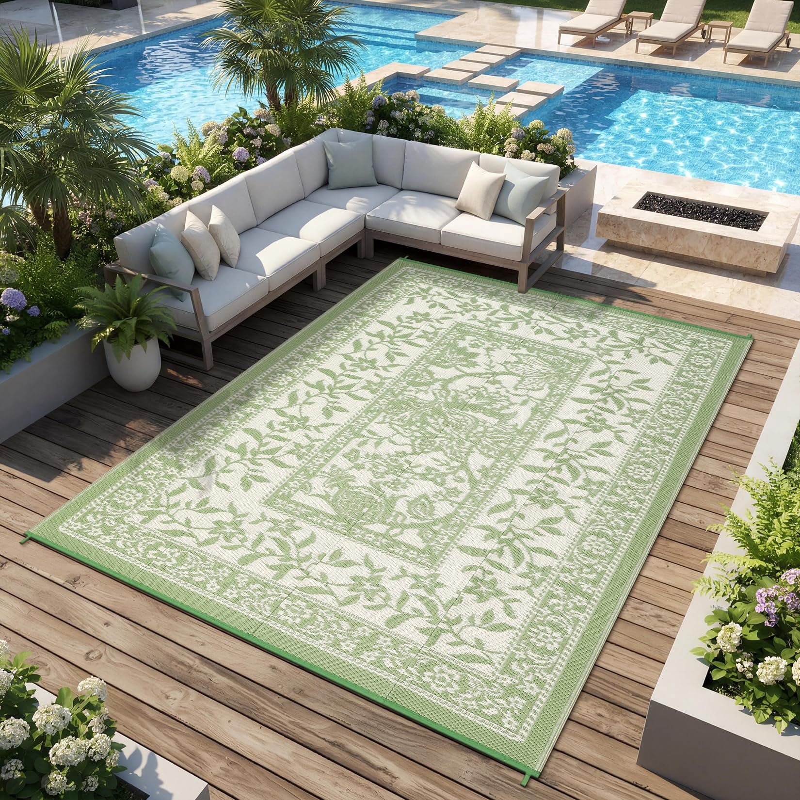 Soonbuy 8x10 FT Outdoor Rug, Waterproof Reversible Plastic Straw Outdoor Patio Rug, Botanical Grove Vintage Cottage Outdoor Area Rug Carpet for RV, Deck, Picnic, Beach, Backyard