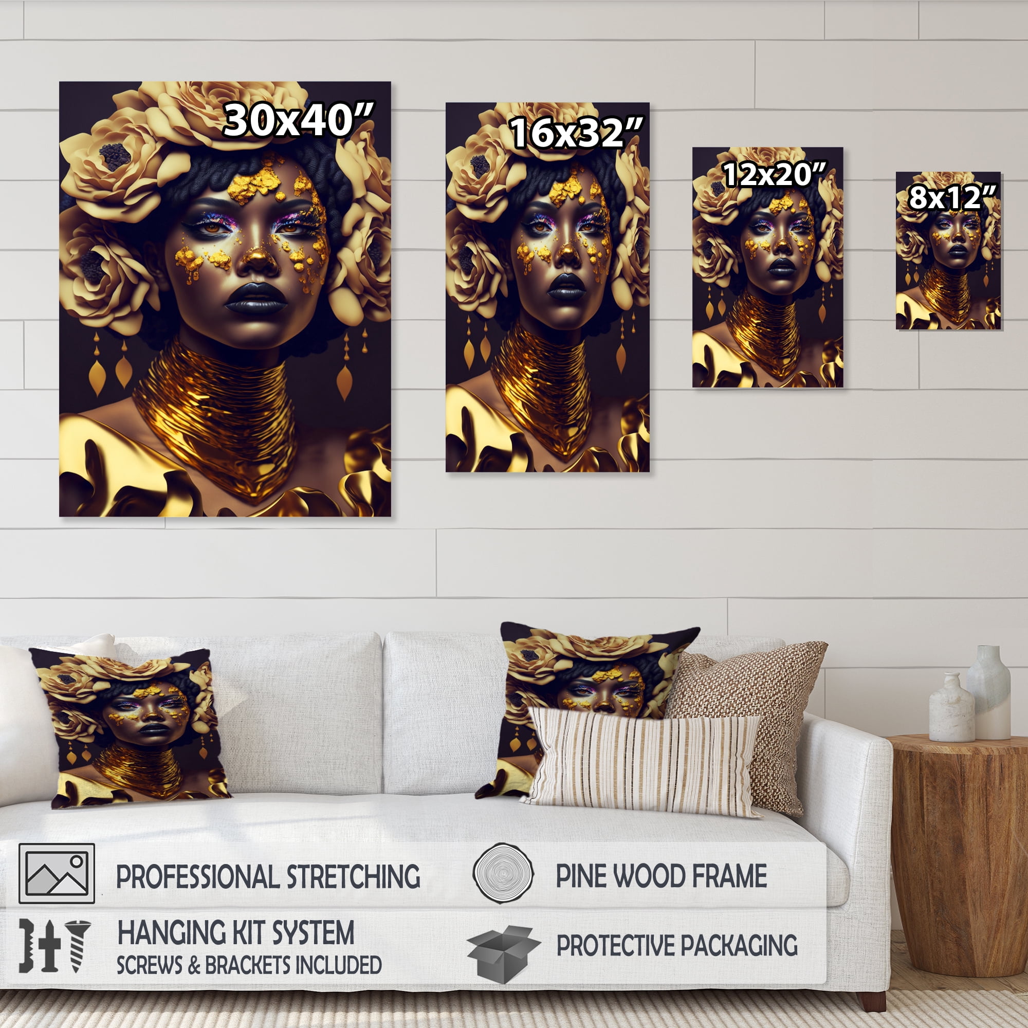 Designart Gold And Black Floral Woman IX Canvas Wall Art
