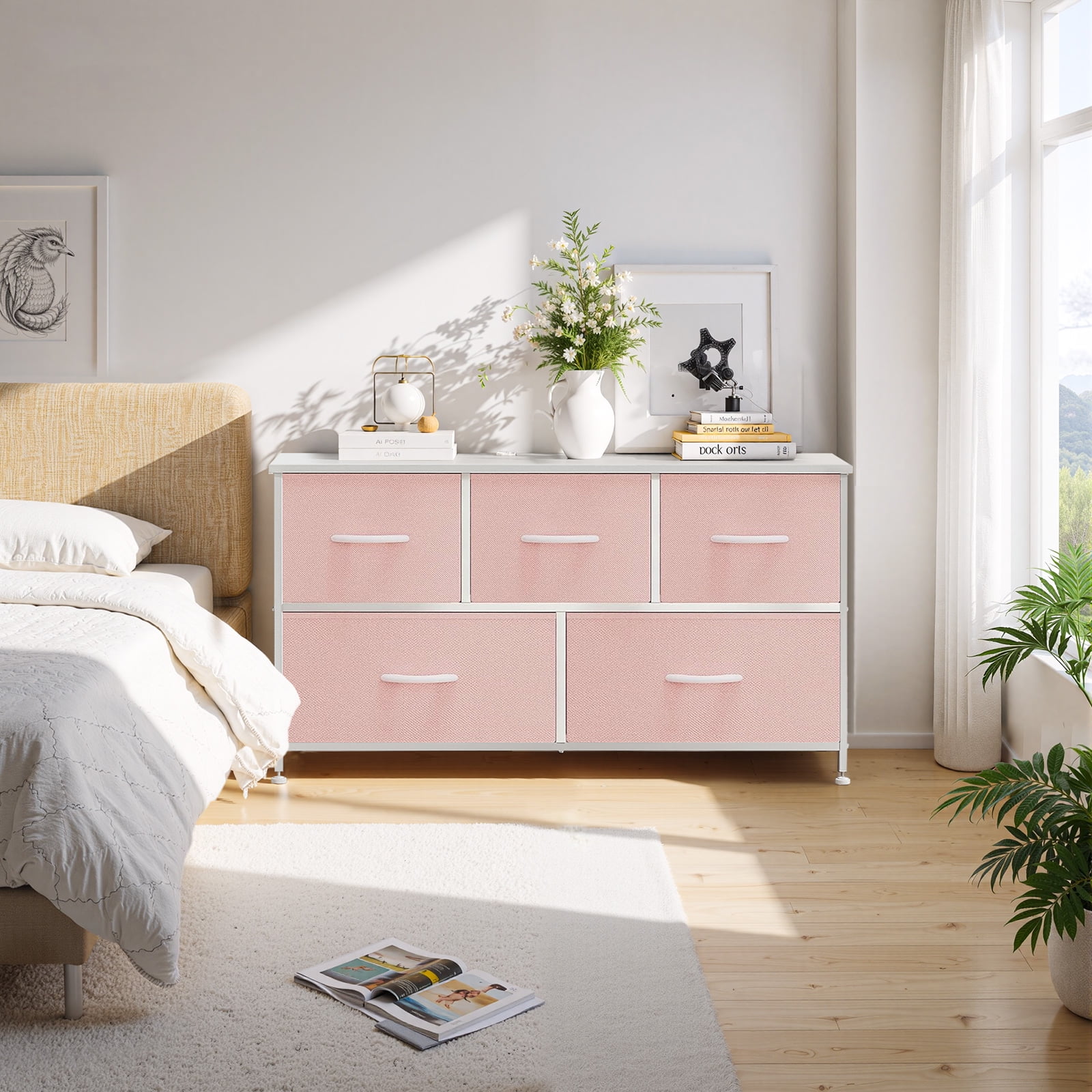 Dresser, Betcozy Storage Organizer with 5 Drawers for Bedroom, Chest of Drawers with Fabric Bins, Sturdy Metal Frame, Wood Tabletop, Pink