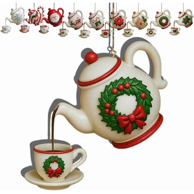 Adorno Navideño de Tetera Vintage | Decoración Festiva con Acebo y Bayas Rojas | Efecto de Té Al Servirse | Regalo para Amantes Del Té
