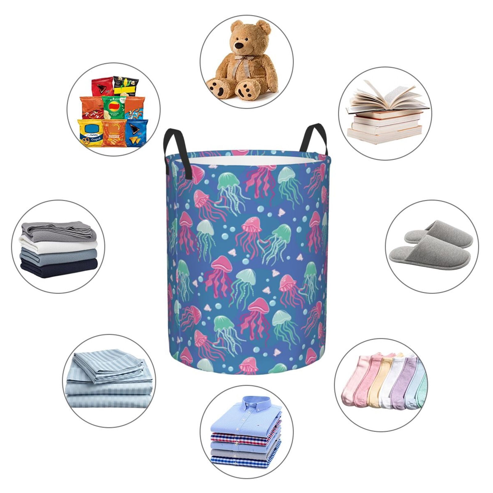Large Laundry Basket with Handles - Cute Green Pink Jellyfish Kids Baby Dirty Clothes Laundry Hamper for Bedroom Aesthetic